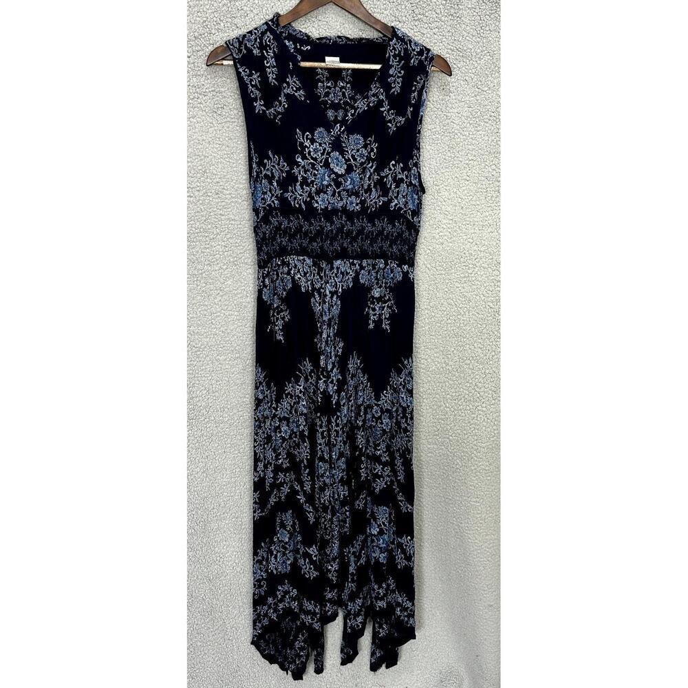 Bila Midi Dress Womens‎ Small Navy Blue Floral Damask Smocked Handkerchief Boho